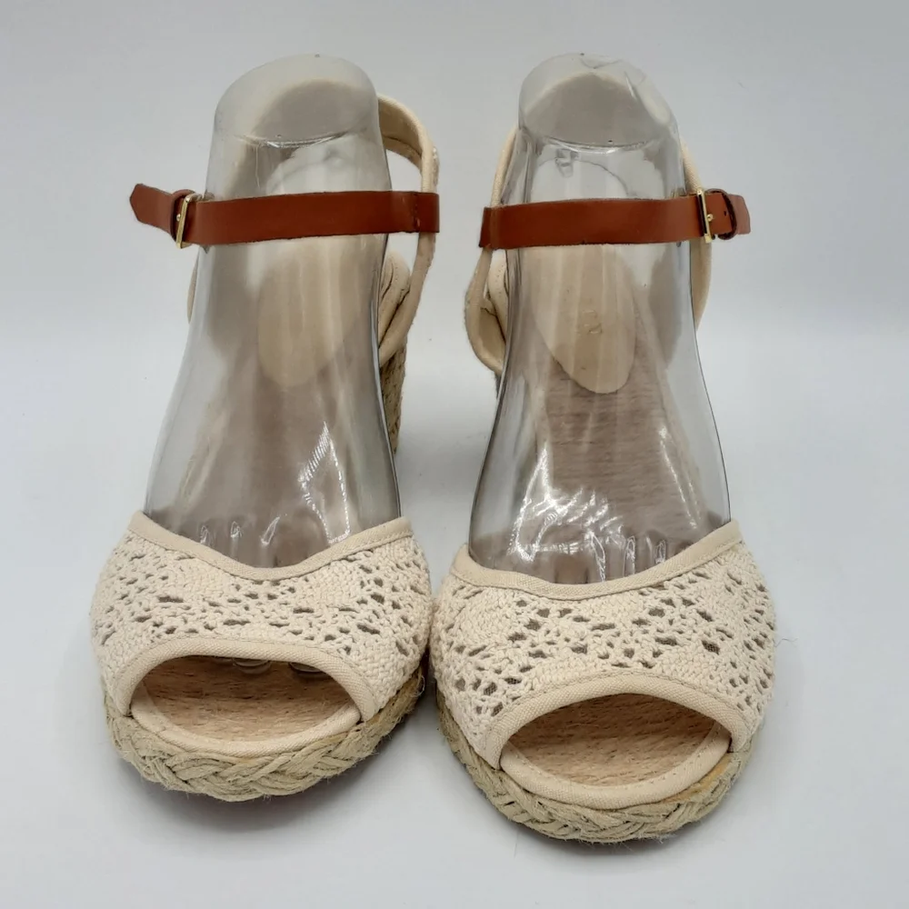 Lauren Ralph Lauren Cream and Brown Espadrille Wedges with Ankle Strap